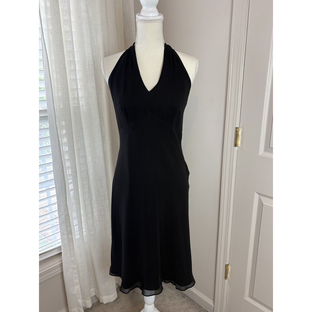 100% Silk Halter Dress Size 6 Black Bias Cut Midi Evening Cocktail